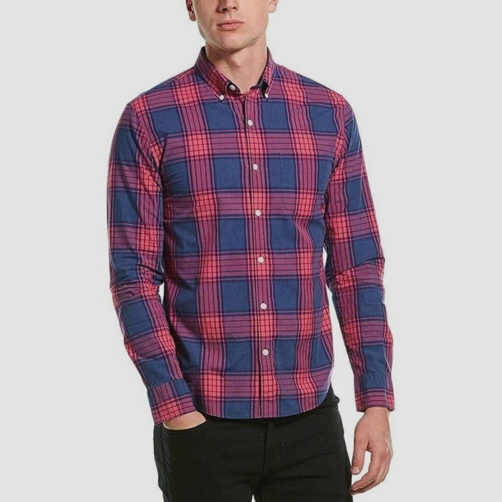 Bonobos Washed Button Down‎ Shirt Slim Mens XL Shirt Pink Navy Blue Plaid Cotton